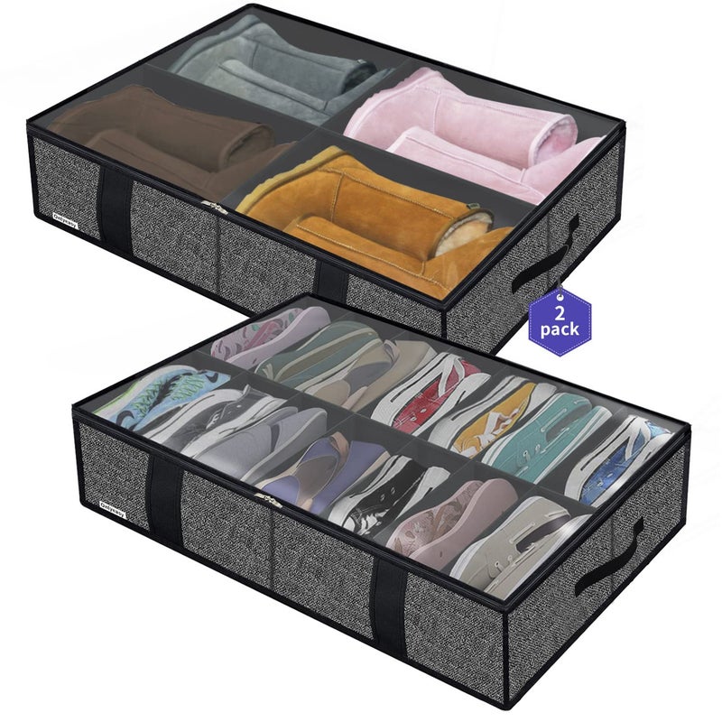 Onlyeasy 2 Pack Under Bed Shoes Storage Bag Organizer (14+4 Pairs), Collapsible Shoe Boot Container with Handles, Underbed Storage Solution for Kids & Adults, 86x60x15cm, Linen-like Black, MXAUBS14S4 - Image 1
